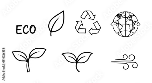 Set of six hand drawn ecology and environmental icons.