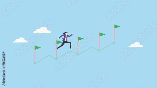 Businessperson leaping over hurdles and flags representing progress and success in a vibrant illustration