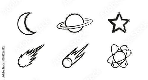 Set of six hand-drawn space and science icons including a moon planet star and atom.