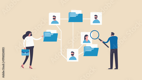 Recruitment process illustrated with profiles folders and a magnifying glass symbolizing talent search