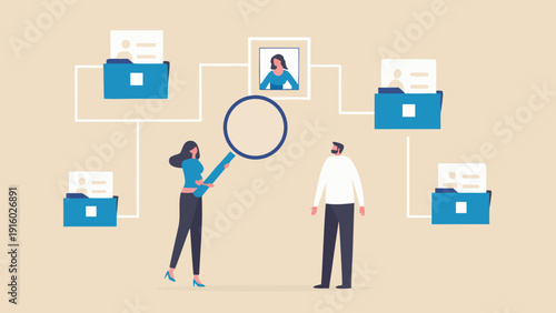 Illustration depicting a network of files folders and people connected through a magnifying glass search