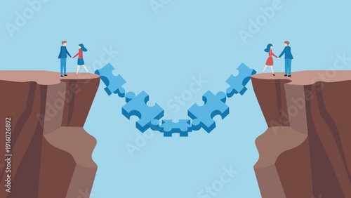 Two figures connect across a chasm with puzzle pieces symbolizing bridging a gap or connection