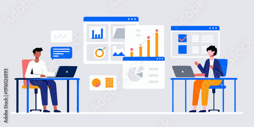 Two individuals work at desks with digital interfaces displaying charts and various data visualizations