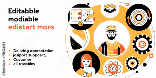 Circular design showcasing diverse workers and gear icons with editable text and supporting elements