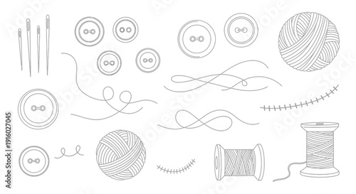 Sewing Elements - Needles, Buttons, Yarn, and Thread Spools.