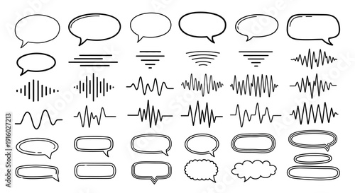 Speech bubbles and sound waves illustration representing communication and audio.