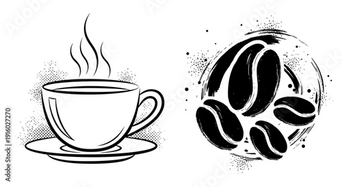 Steaming Coffee Cup and Coffee Beans Sketch Illustration.