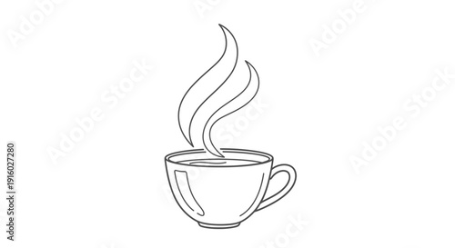 Steaming hot beverage in a cup, hand-drawn outline illustration.