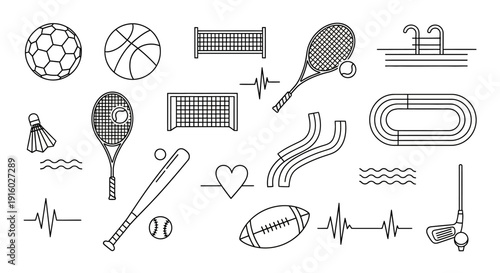 Sports Equipment Collection - A Detailed Line Art Illustration.