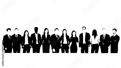 Professional silhouette illustration of a diverse business team standing together. Ideal for corporate websites, company profiles, leadership pages, recruitment banners, and business presentations.