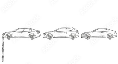 Three different car outlines in a row on white background.