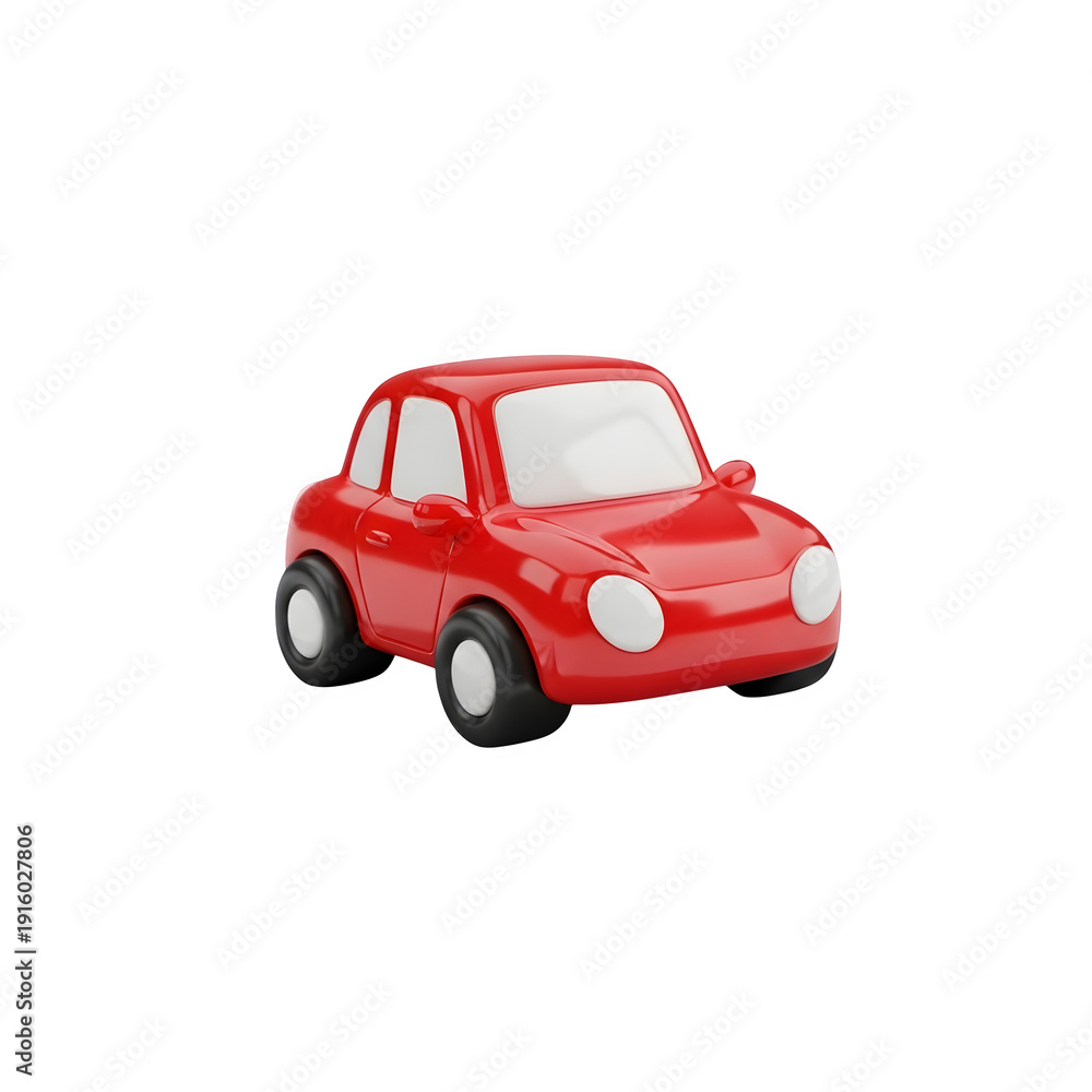 Fototapeta premium A vibrant red toy car with rounded edges and a playful design positioned against a plain background isolated on transparent background