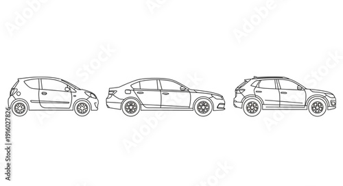 Three different car outlines in a row on white background.