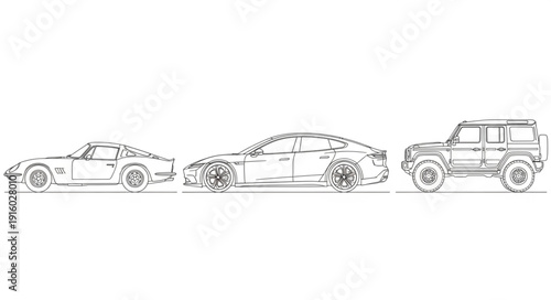 Three different car outlines on a white background.