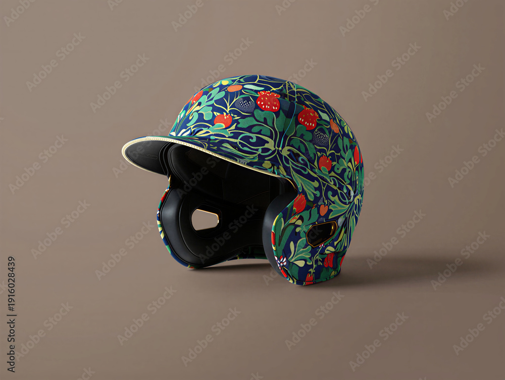 Fototapeta premium Closeup side profile of a baseball helmet adorned with a vibrant floral and berry pattern on a muted background