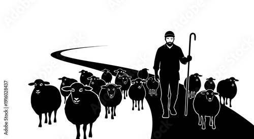 Black silhouette vector illustration of a crowd of people including a fisherman and boy designed as a stylized group of people in the crowd art