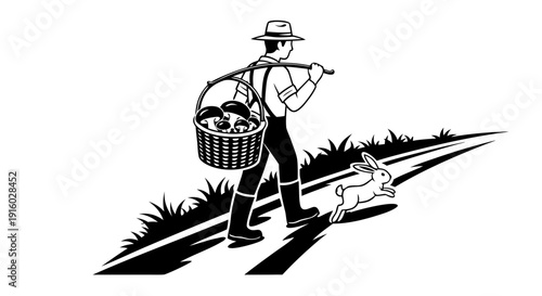 Cartoon vector illustration of a soldier and hunter with rifle or shotgun shown as a black sketch silhouette drawing of people and a horse