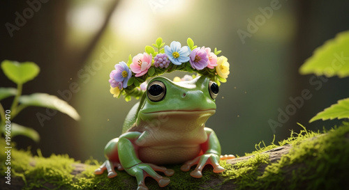 Green Frog Wearing Flower Crown Sitting on Mossy Branch in Forest
