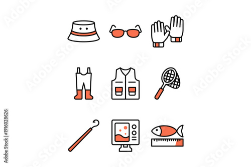 Fishing equipment and gear icon set with outline and orange color accent for sport. Bucket hat, Sunglasses, Gloves, Wader, Vest, Net, Hook, Sonar and Fish ruler elements