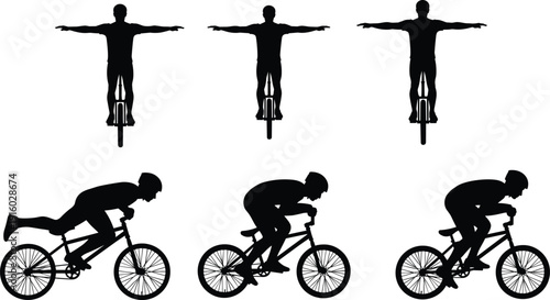 BMX Cyclist Silhouettes Performing Tricks and Racing on Bicycle Black and White Vector Illustration Set Collection
