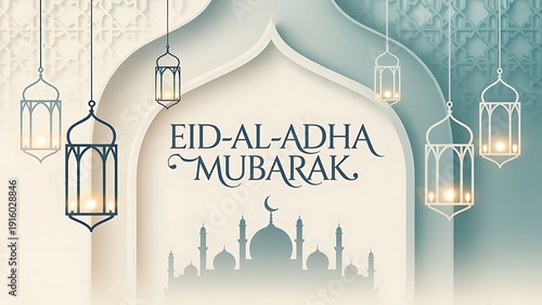 Stylish Eid al Adha Mubarak Islamic arch frame lantern and mosque teal background