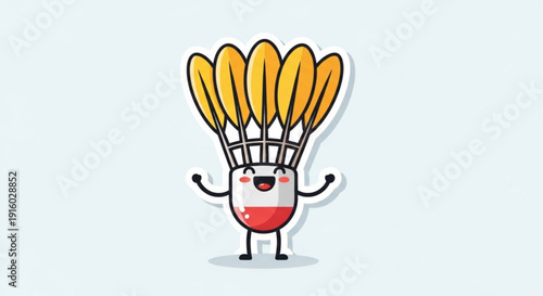 Happy Cartoon Shuttlecock Character with Badminton Rackets on White Background