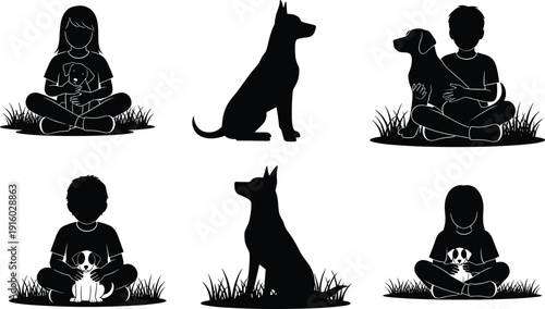 Children Sitting with Dogs Silhouettes Pet Adoption and Friendship Concept Black and White Vector Illustration Set