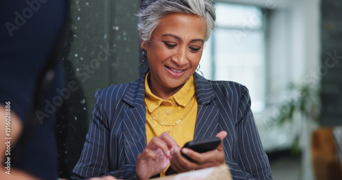 Foto Delivery, phone or mature woman with digital signature in office for package, verify identity or logistics