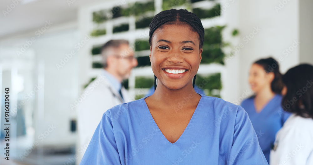 Obraz premium Nurse, woman and happy with portrait in clinic for medical help, career integrity and about us. Healthcare staff, person and smile in hospital for health support, professional service and confidence