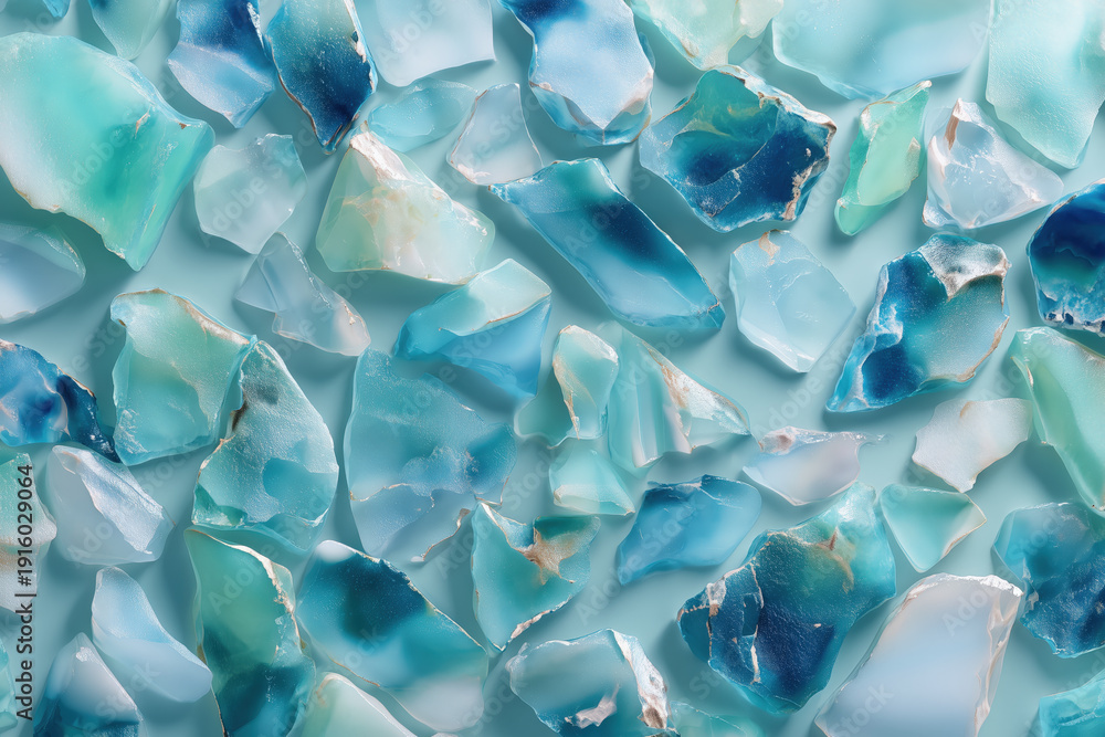 Obraz premium Sea glass pieces texture background close-up turquoise blue green aqua ocean tumbled