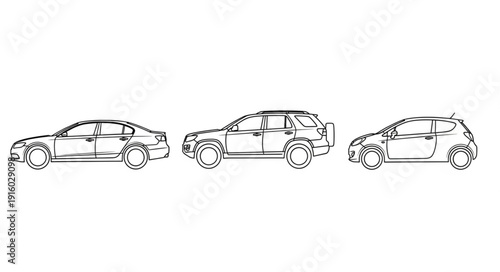 Three different car sketches in a row on white background.