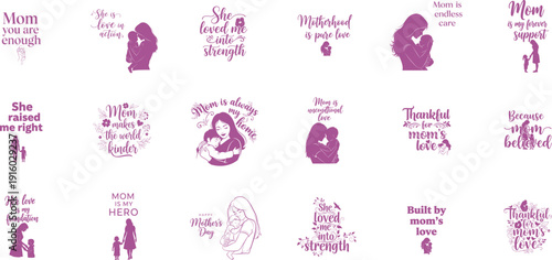 Mothers Love Inspirational Silhouette Designs Isolated Transparent Background Vector Illustrations