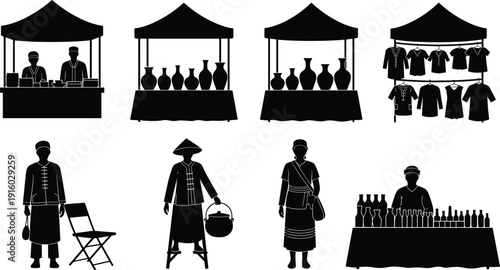 Street Market Vendor Stalls and Traditional Sellers Silhouettes Black and White Vector Illustration Set Isolated on White