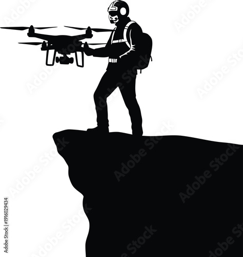 Drone pilot on cliff edge controlling drone, aerial photography and videography, extreme adventure concept