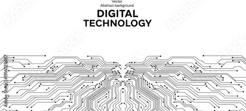 Digital technology circuit board background with complex motherboard traces microchip paths and electronic network connections