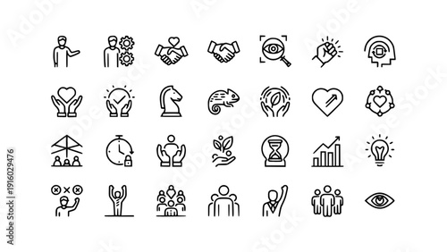 Creative line icon set illustrating leadership, innovation, motivation, goals, teamwork, personal growth, and business mindset concepts.