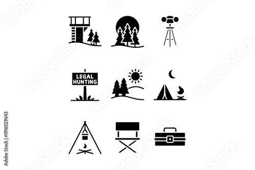 Wilderness equipment and supply solid icon set. Camping and hunting gear silhouette elements. Lookout tower, Forest landscape, Binoculars, Signboard, Tent, Campfire, Chair, Gear case