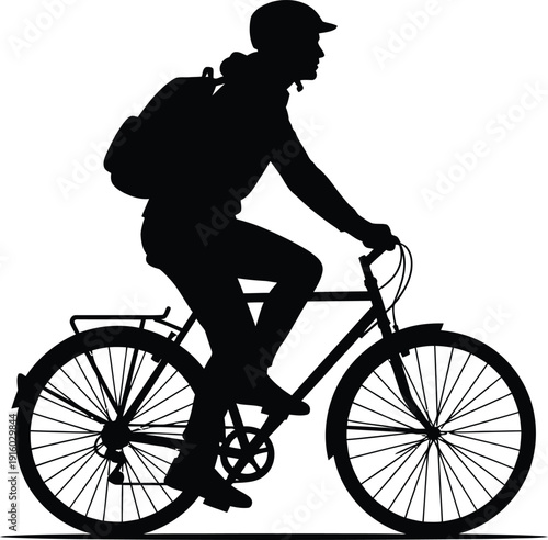 Cyclist riding bicycle with backpack, active lifestyle and transportation, silhouette vector illustration