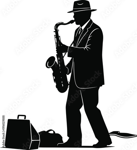Jazz musician playing saxophone on street corner, stylish man in hat performing music, soulful blues art