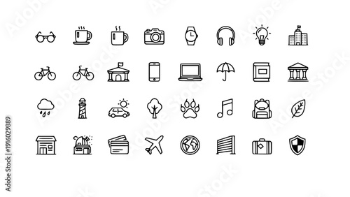 Modern line icon collection representing smart city infrastructure, transportation, public services, utilities, buildings, connectivity, and technology integration.