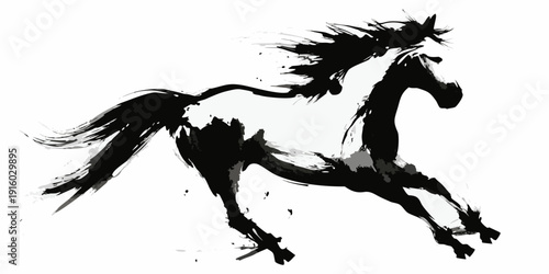Dynamic ink wash painting of a galloping white and black horse