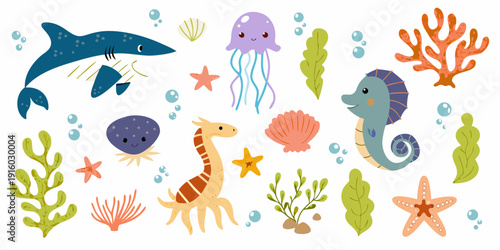 Colorful cartoon illustration of various marine life and underwater plants