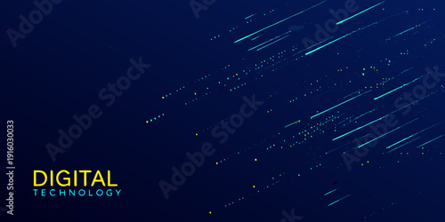 Abstract blue background with dynamic light streaks and digital text