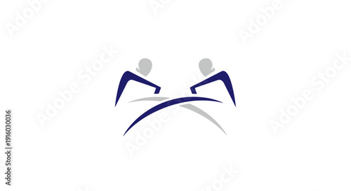 Two abstract figures in motion facing each other across a curved line.