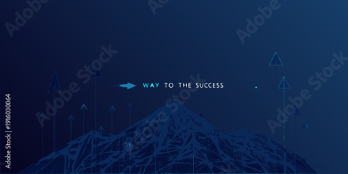 Abstract blue background with upward pointing arrows and a path to success