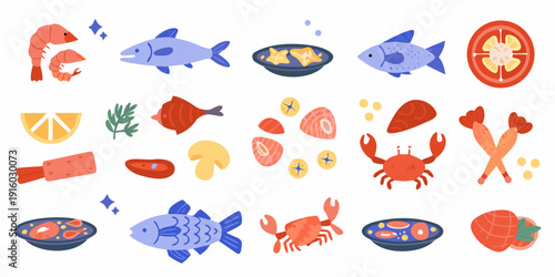 Colorful illustration of various seafood fish and marine elements