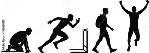 Athlete running sequence silhouette, starting blocks, hurdle jumping, walking with backpack, celebration pose, track and field sports, evolution of success, competition.