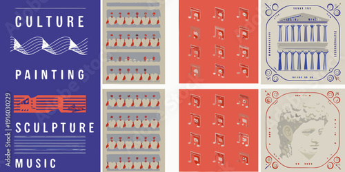 Four panels displaying art themes culture painting sculpture and music