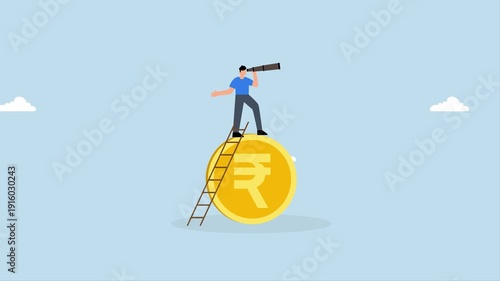 India economic, 4k animation of Intelligent business leader ascends ladder on Indian rupee coin with telescope searching for vision