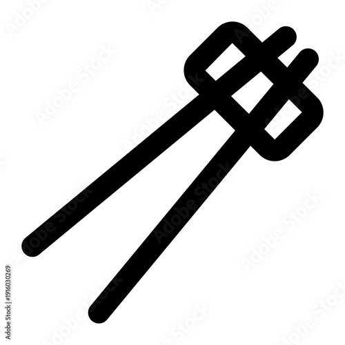 Black and white icon of two chopsticks with block tops. Minimalist Asian dining utensil illustration.

